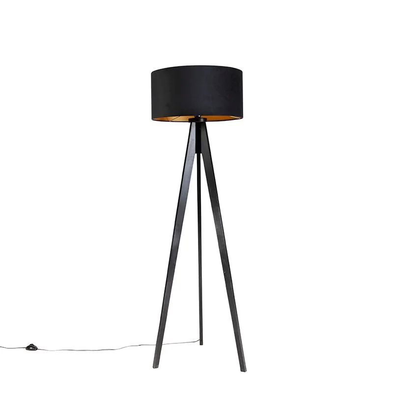 Lampadaire noir avec abat-jour en velours noir avec doré 50 cm - Tripod classic
