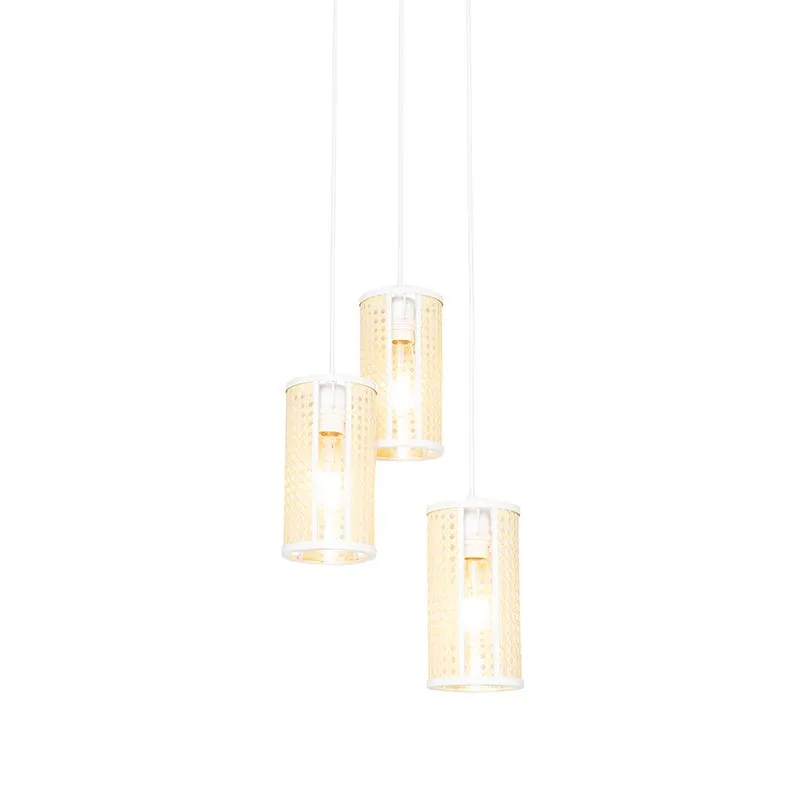 Suspension rétro blanche avec rotin ronde 3 lumières - Akira