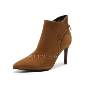 Suède Bottines Cuir Bottes Femme 8 cm / 3 inch Pointu Talons Hauts Marron Talons Aiguilles