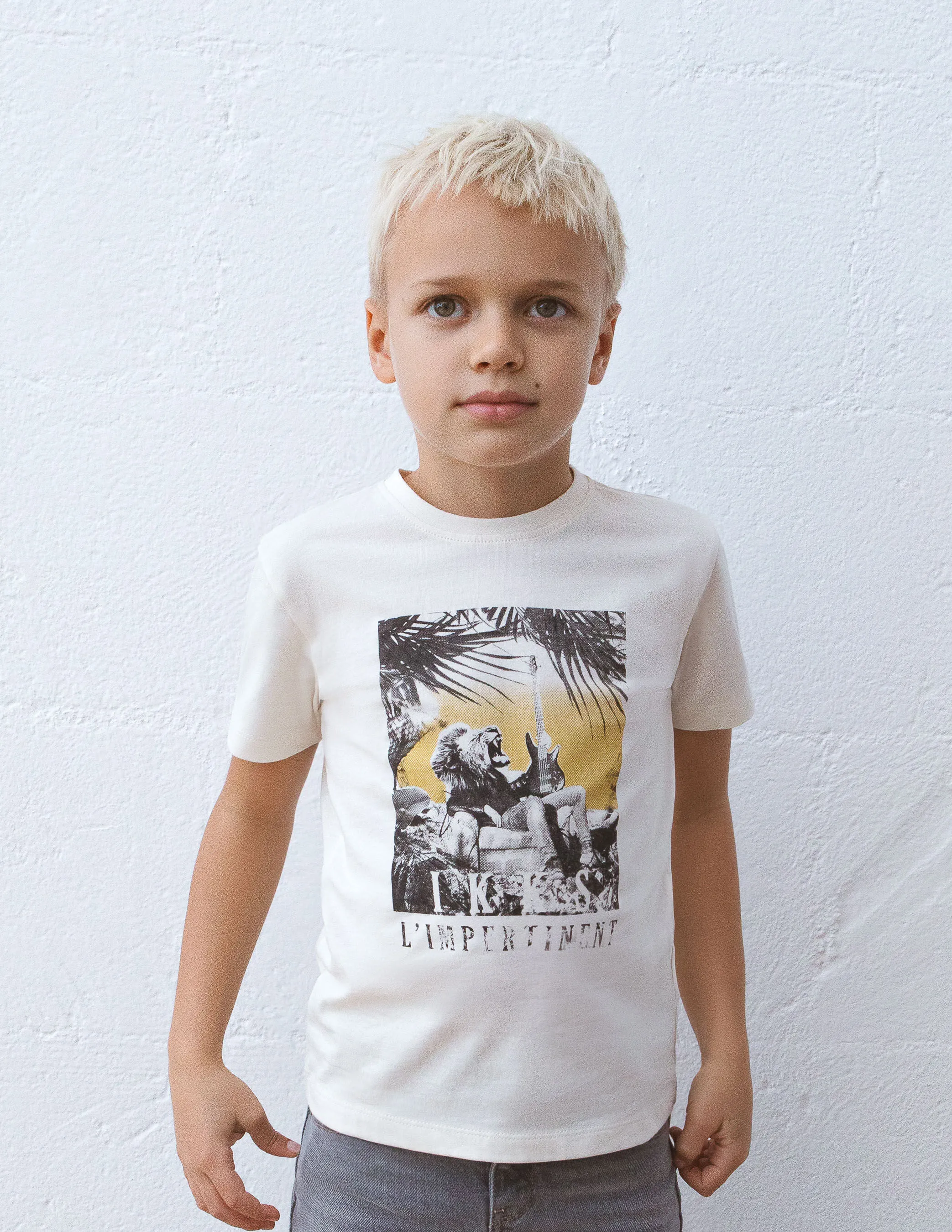 T-shirt écru coton bio visuel lion-guitariste garçon