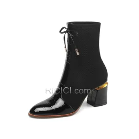 Talon Carrés Bottines Cuir Noir 7 cm Talon Mid Tulle Stretch